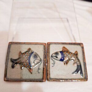 2 Tonala Mexican stoneware relief art tiles fish 2.5”   Vintage
